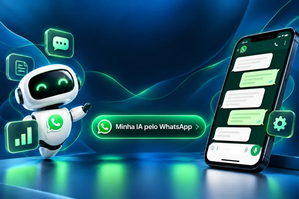 Assistente virtual e celular com conversas no WhatsApp, ilustrando atendimento com chatbot e agente de IA